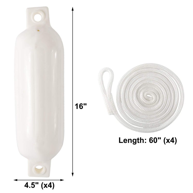 NovelBee 4 Pack of 4.5" x16 Ribbed Twin Eyes Boat Fender with Lines,Pump and Needle for Boat or Dock (White) - Image 2